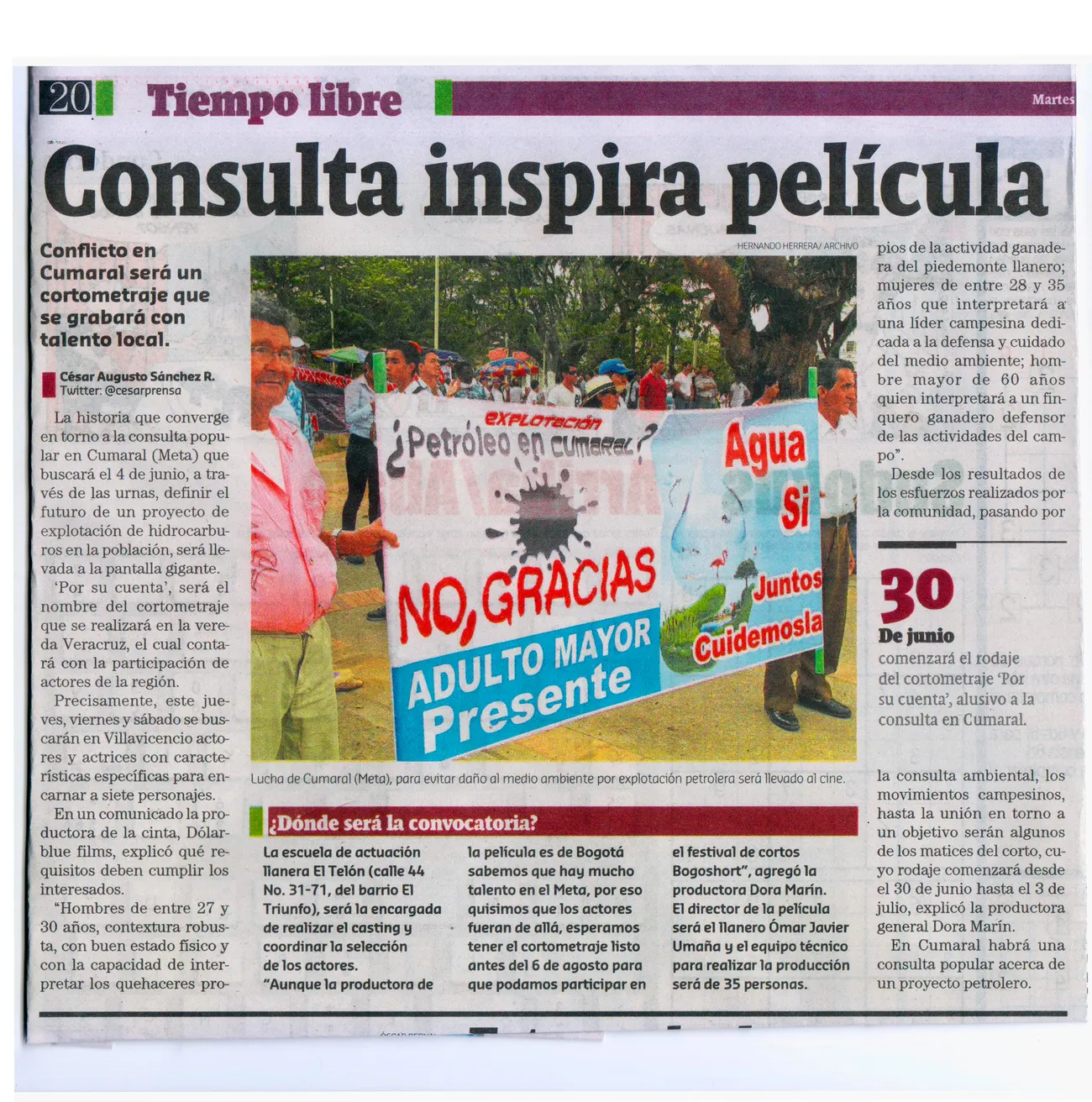 Recorte de prensa: una consulta inspira una película de El Telón