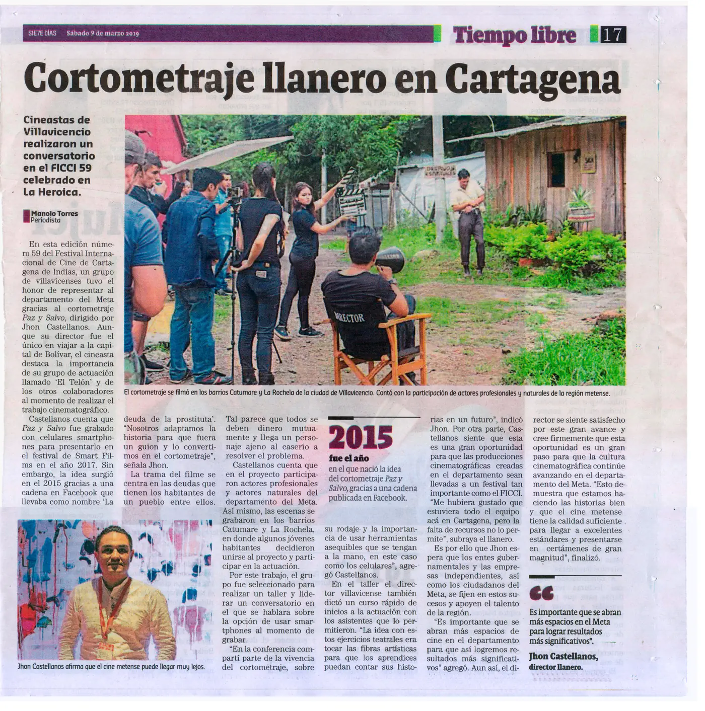Recorte de prensa: cortometraje llanero presentado en Cartagena